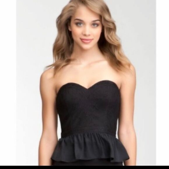 Bebe Black Lace Peplum Strapless Top Feminine Event Party Club Vegas NEW - Picture 1 of 11